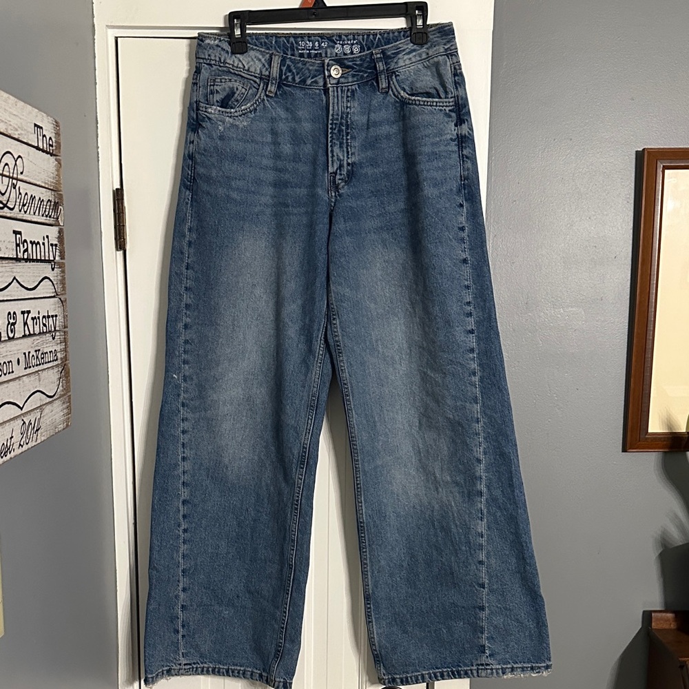 Primark High Waisted Wide Leg Jeans Light Wash Blue Denim Size 6